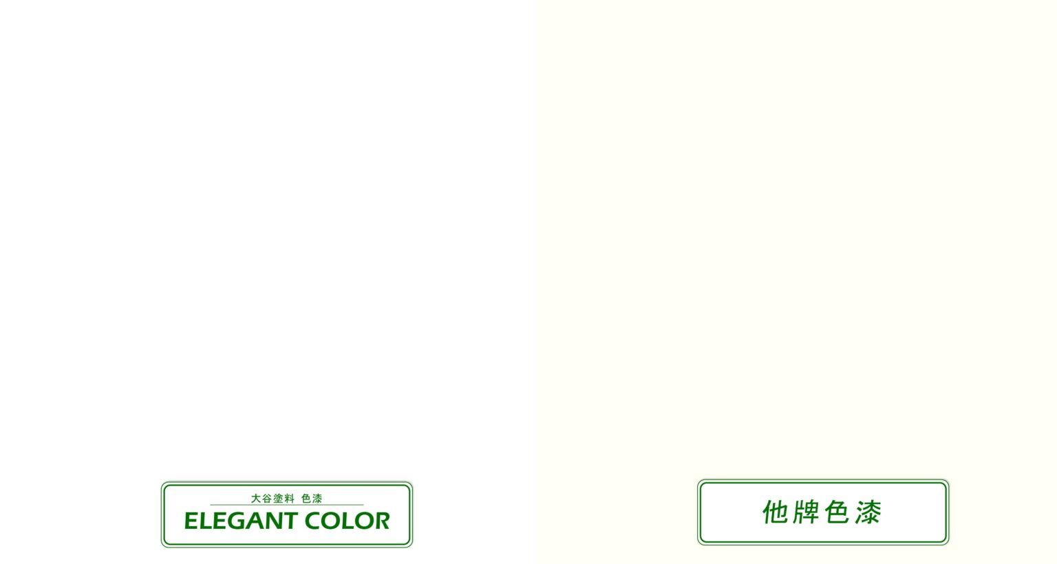 不黃變測試結果，左方木板塗裝大谷PU色漆ELEGANT COLOR 白色，無產生黃變；右方使用他牌色漆，產生黃變。